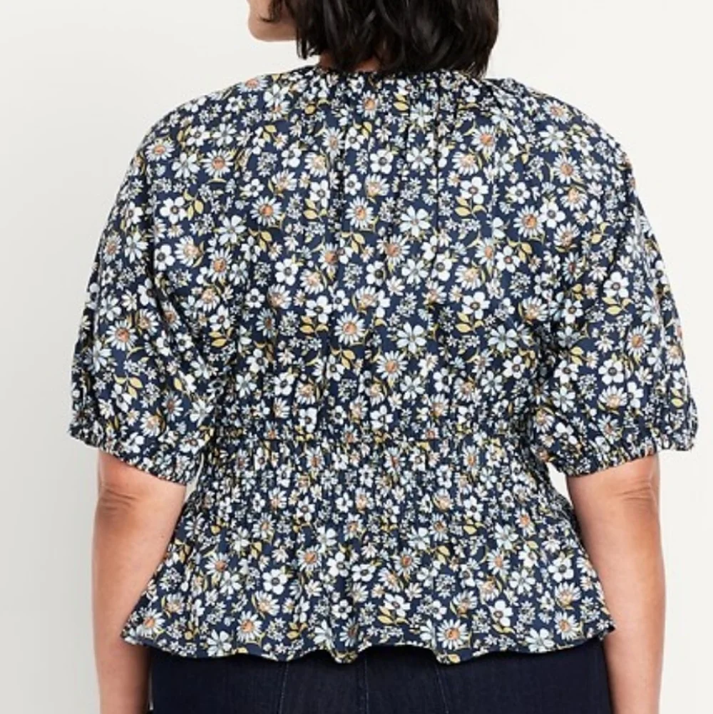 Old‎ Navy Smocked Vneck Peplum Peasant Blue Floral Puff Sleeve Boho SzXL